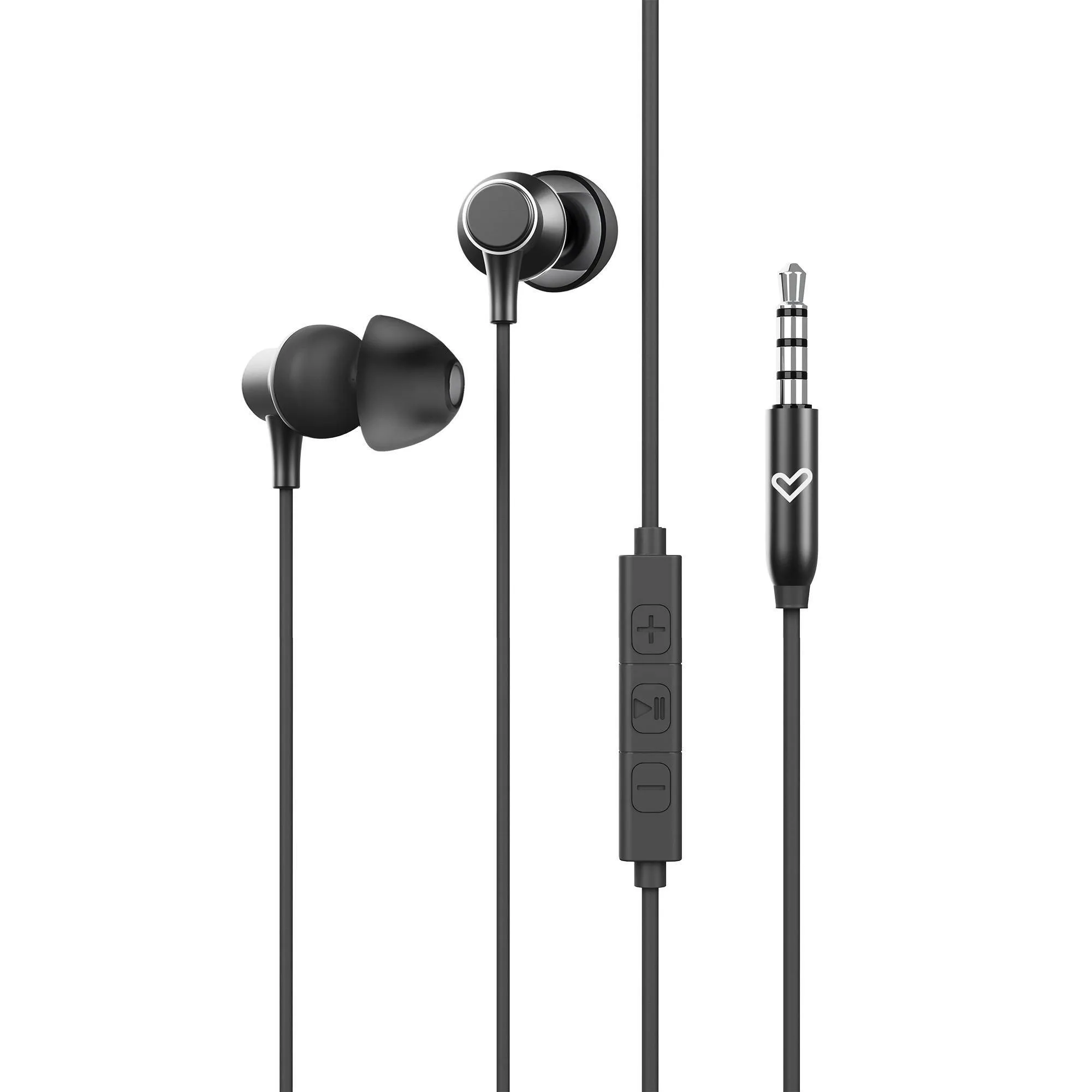 Metallized black earphones with a 3-button controller to adjust playback without using a mobile phone