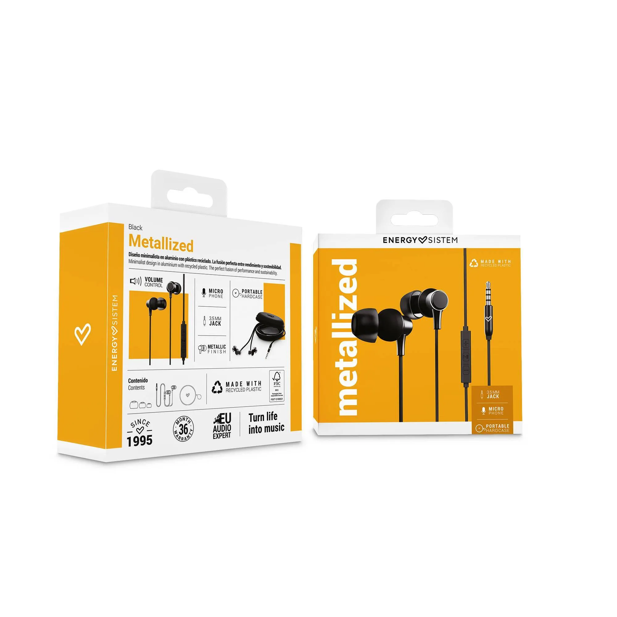 Packaging for wired Metallized black earphones