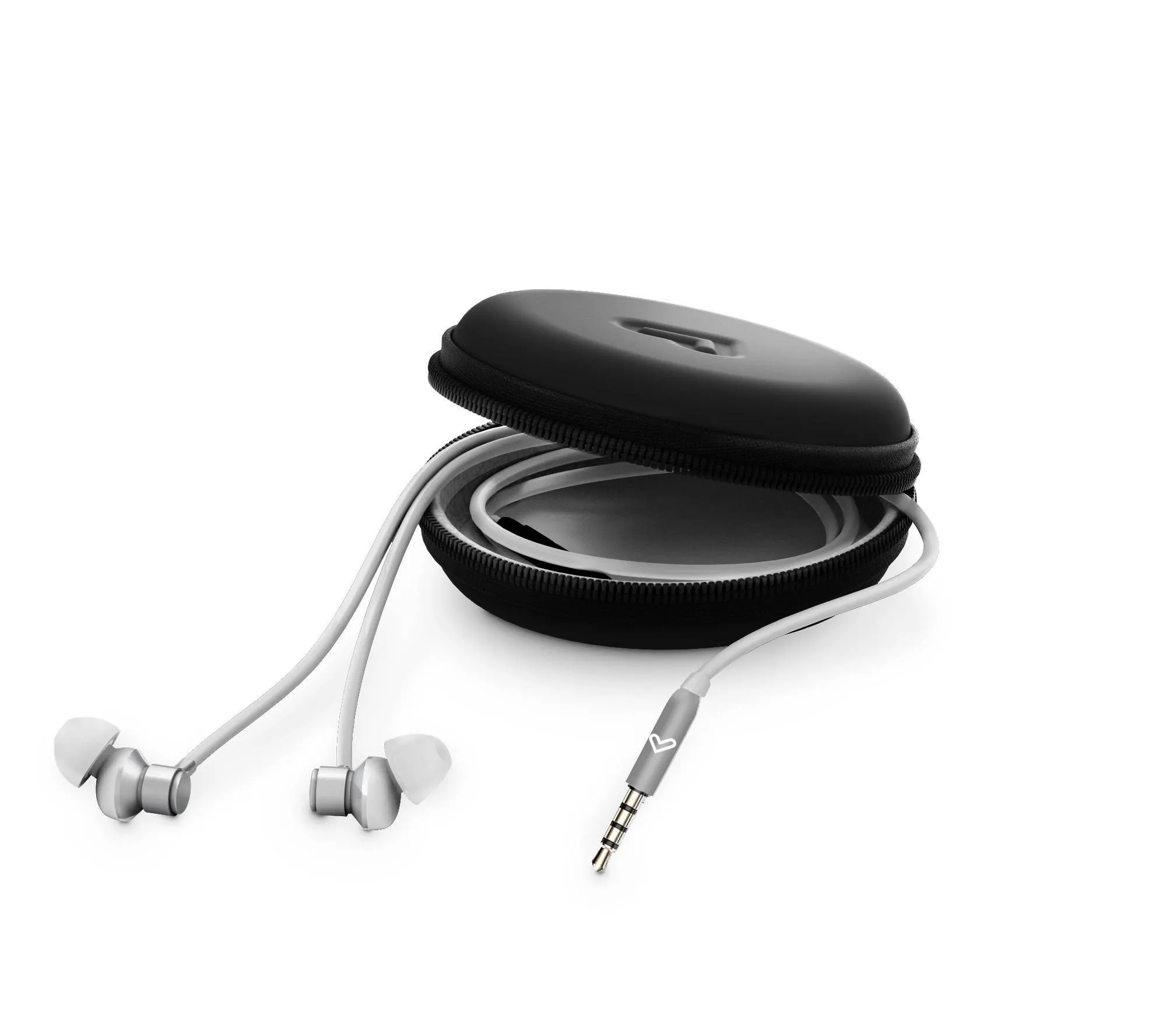 Metallized silver earphones case for easy storage and transport.