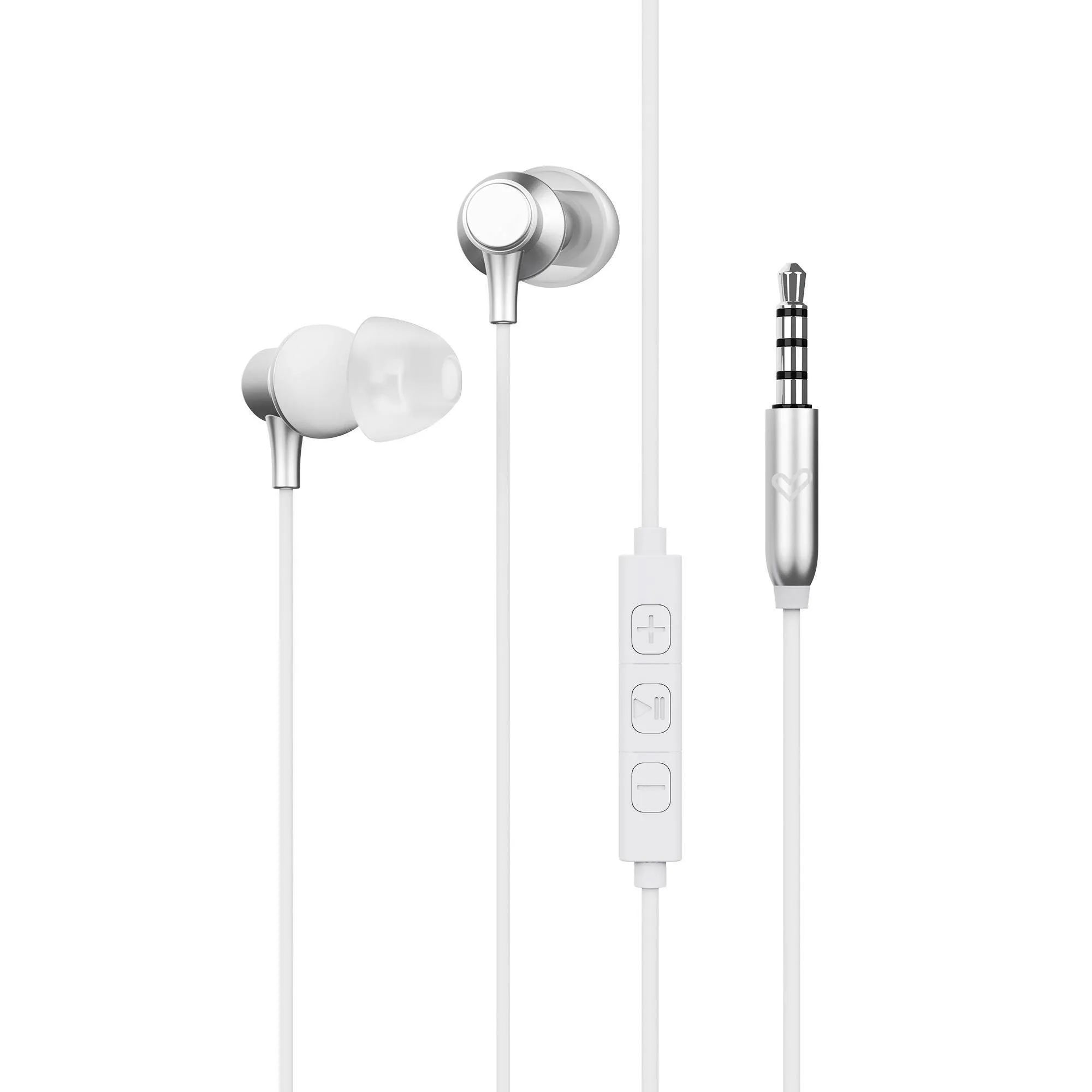 Metallized silver earphones with a 3-button controller to adjust playback without using a mobile phone