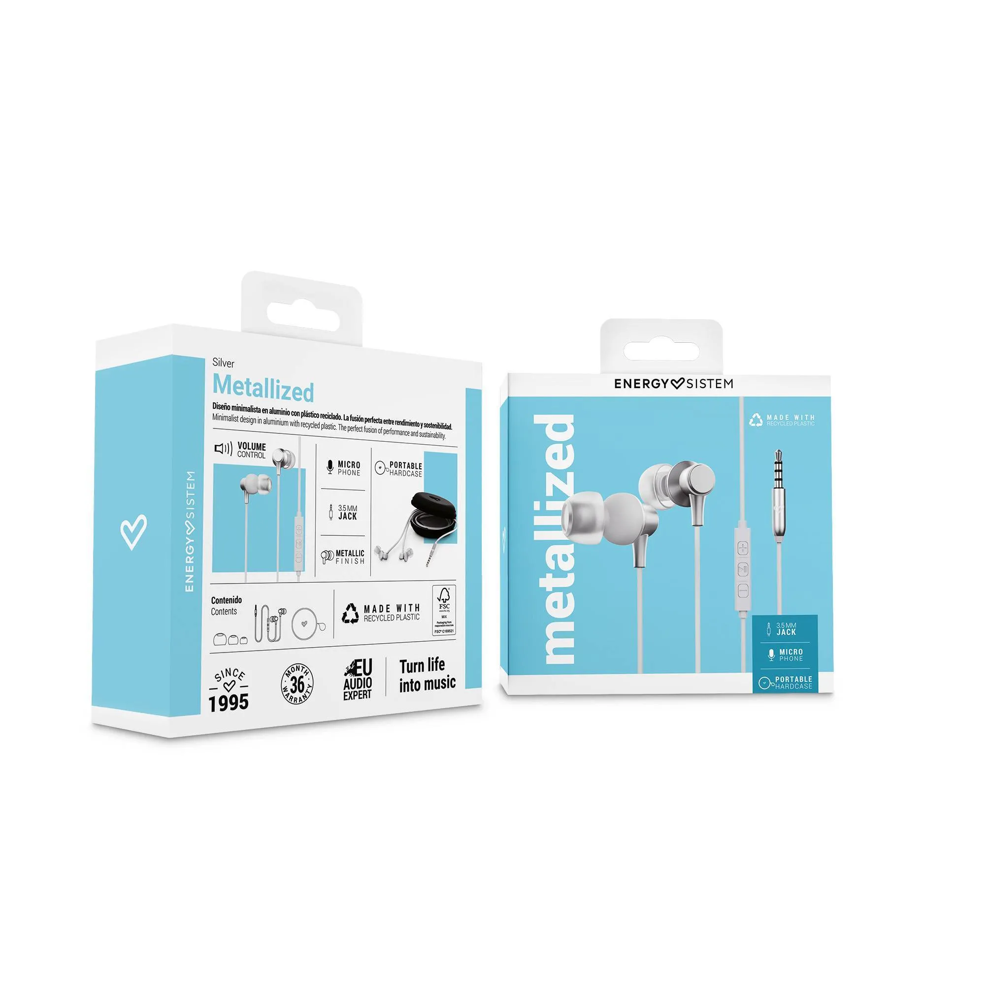 Packaging for wired Metallized silver earphones.