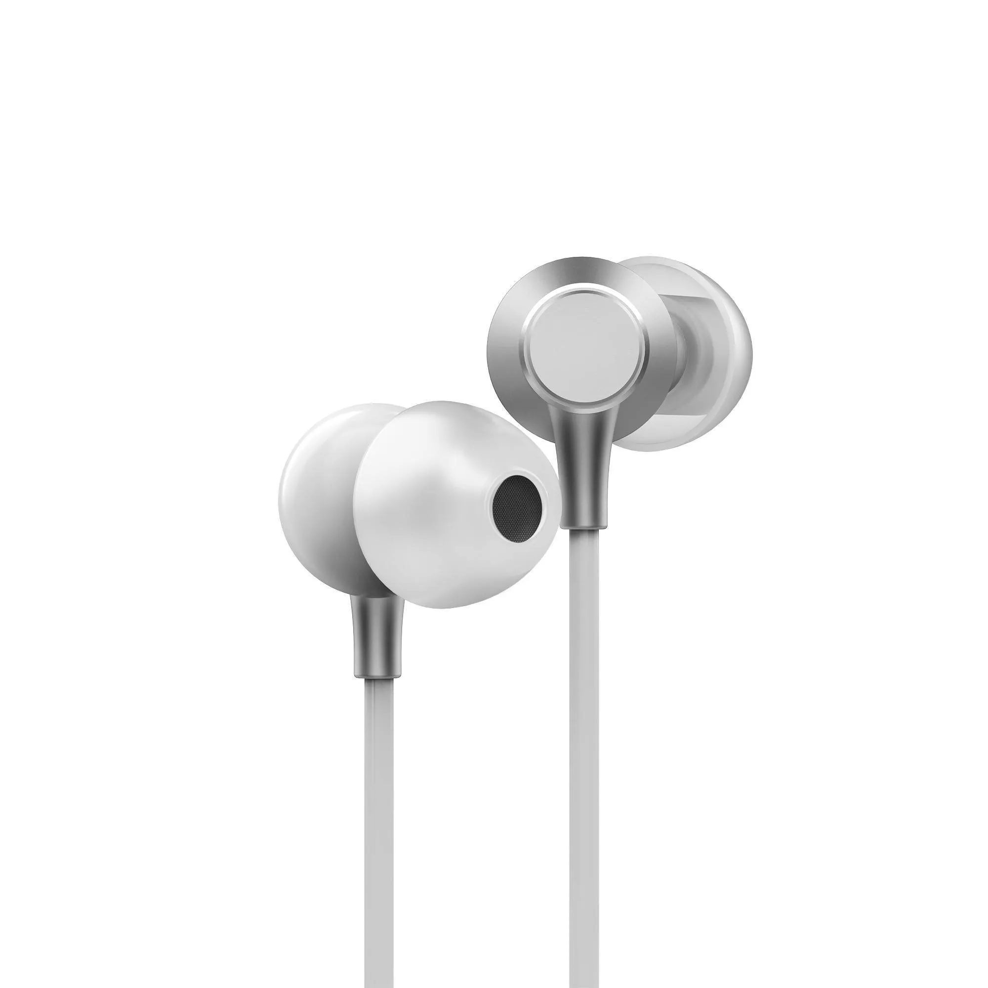 Metallized silver earphones with a unique design thanks to their aluminium alloy finish