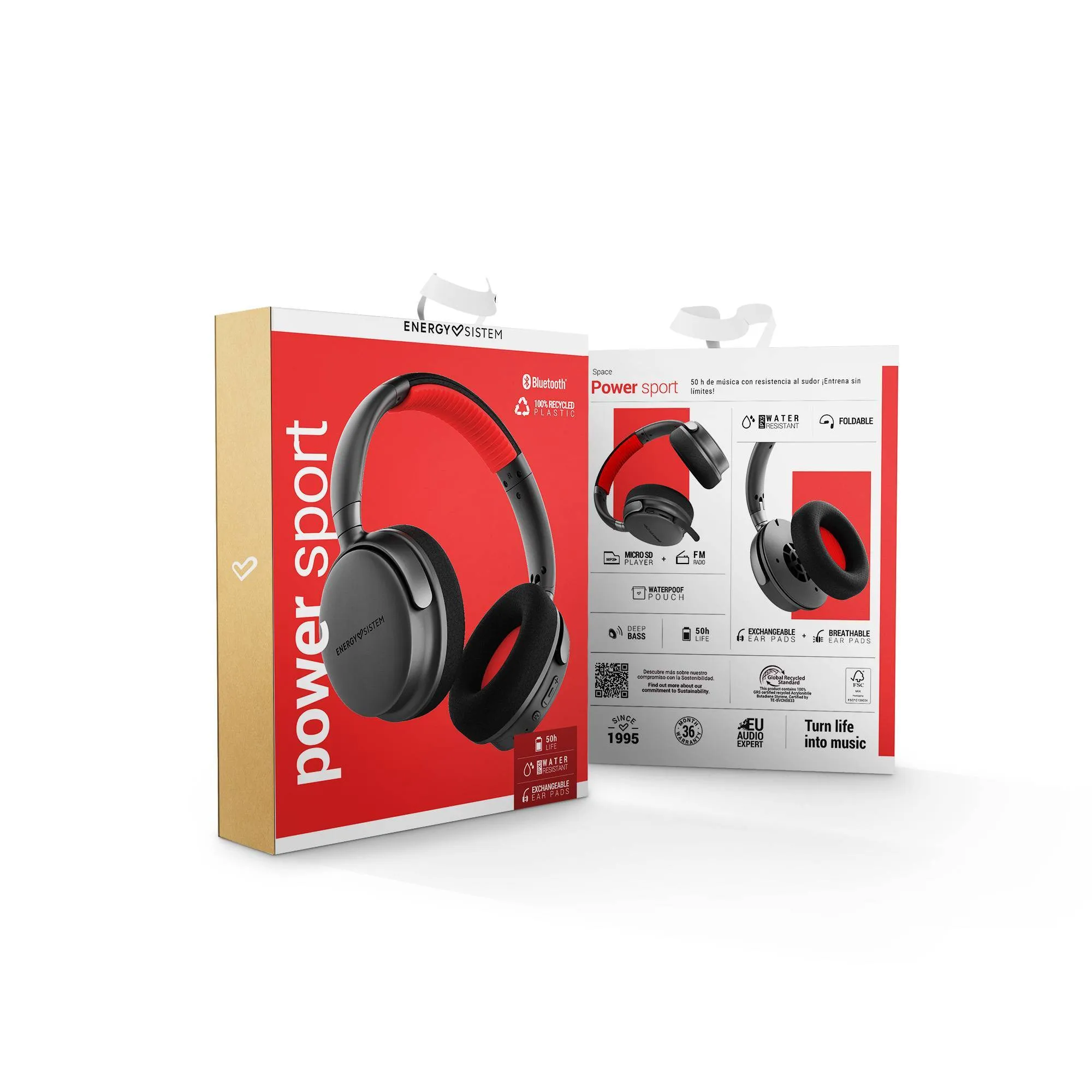 The packaging of the Bluetooth Power Sport headphones by Energy Sistem is FSC certified