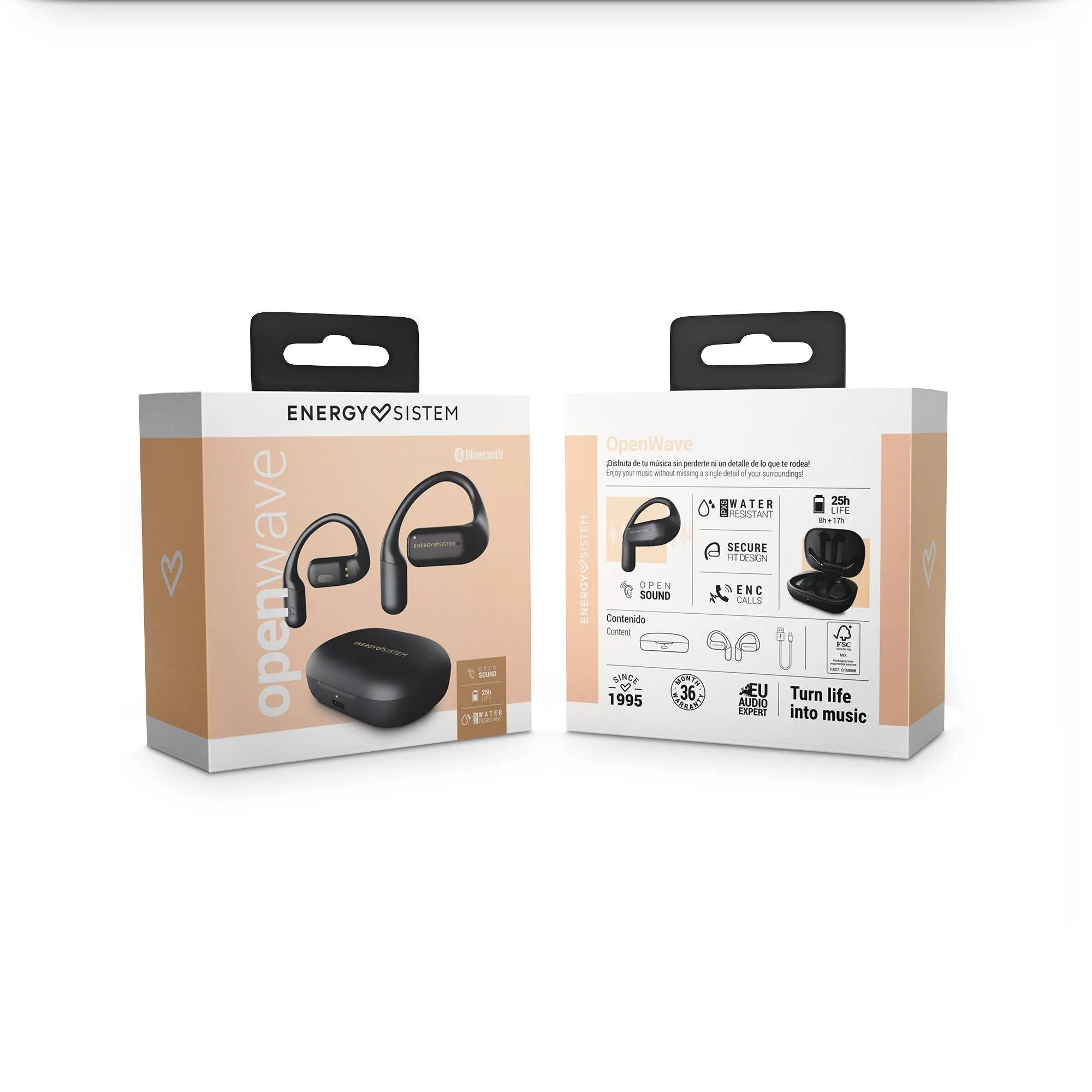 Packaging of the OpenWave wireless earphones from Energy Sistem