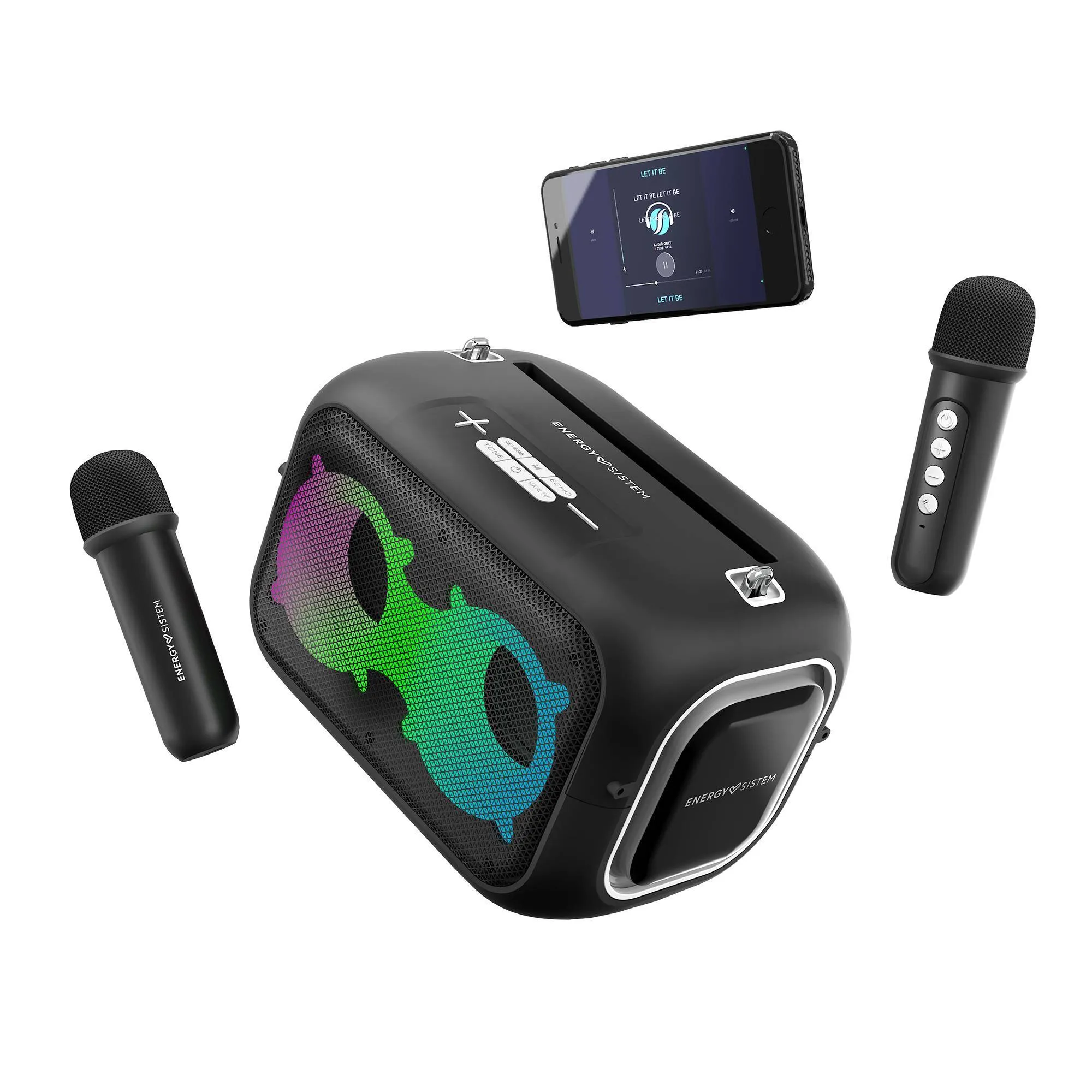 KaraokeStar é uma coluna Bluetooth com karaoke e dois microfones sem fios para que possa cantar a dois